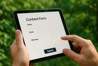Photorealistic image of person submitting a contact form on a digital device with greenery in the background