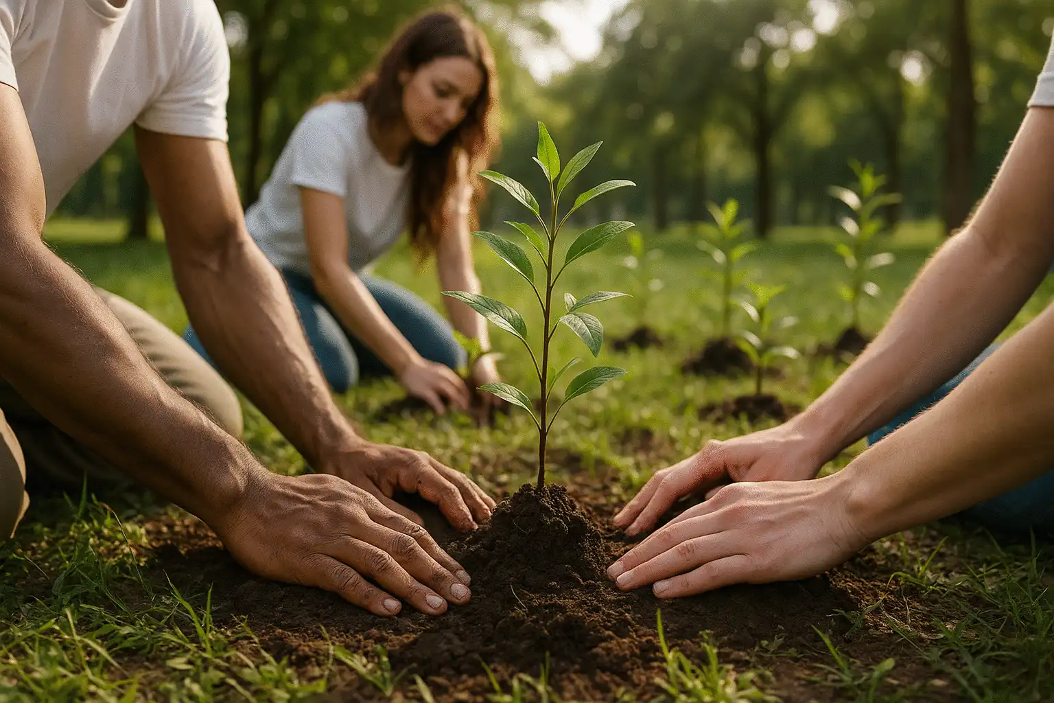 Volunteers planting native trees in a lush park, close-up hands and saplings, soft sunlight