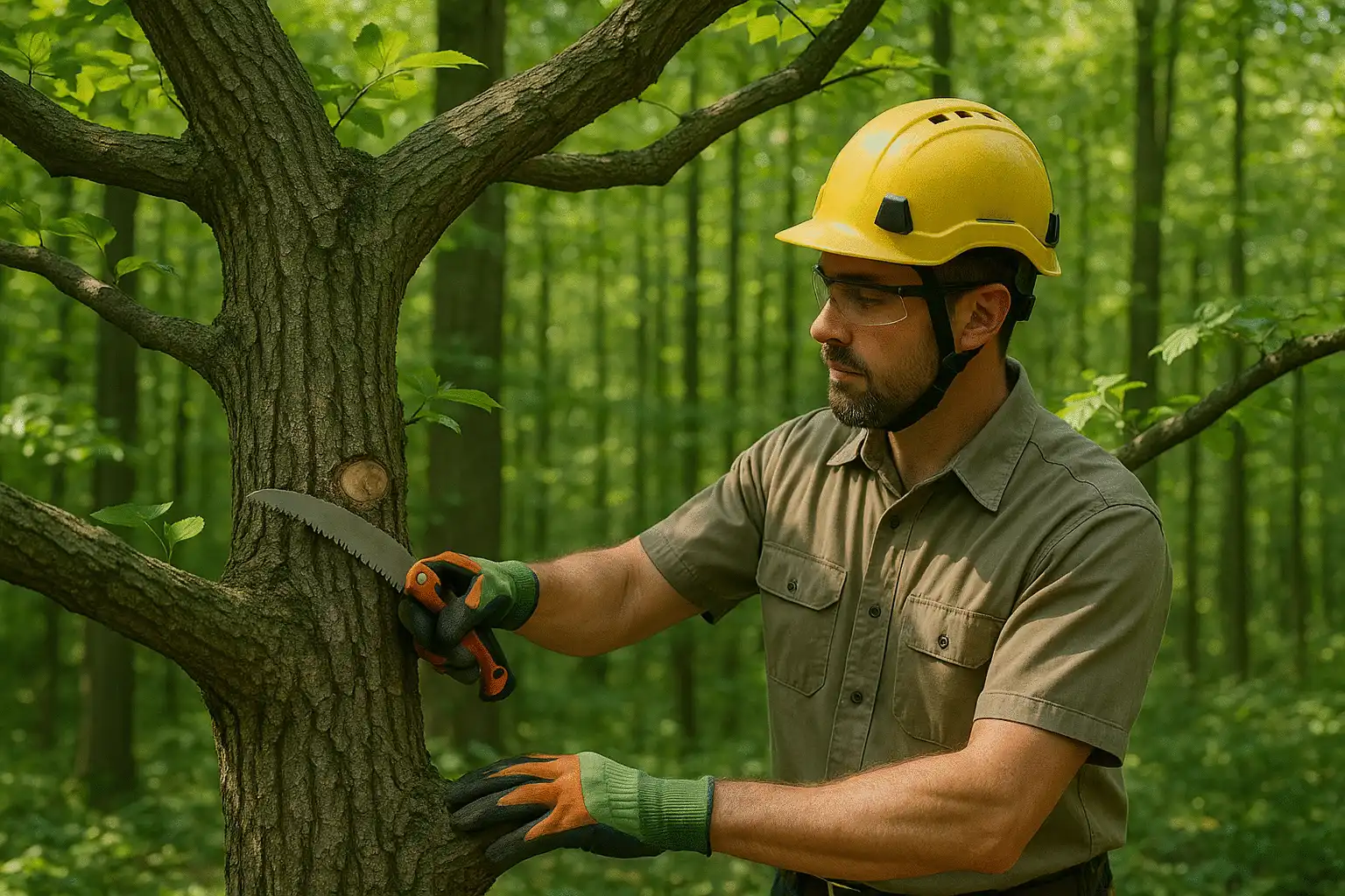 Photorealistic image of a vibrant forest with sustainable tree care in action, lush green canopy, expert arborist demonstrating care techniques