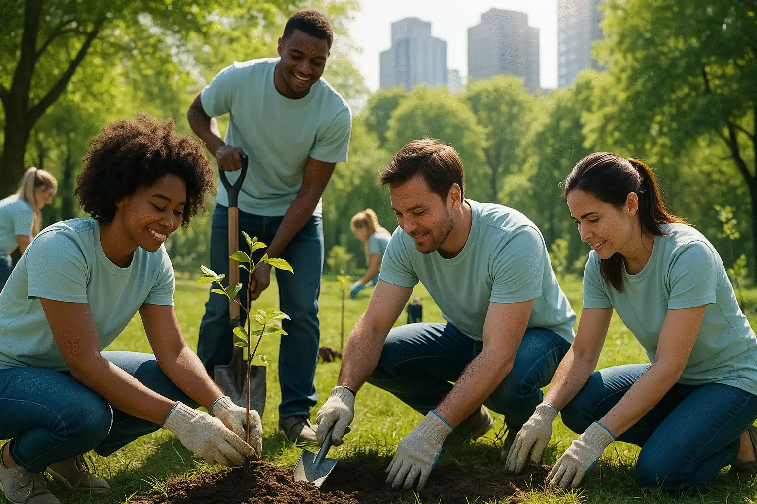 Ultra high-quality photorealistic image of a diverse group of people planting trees in a city park, teamwork, sunlight, lush greenery