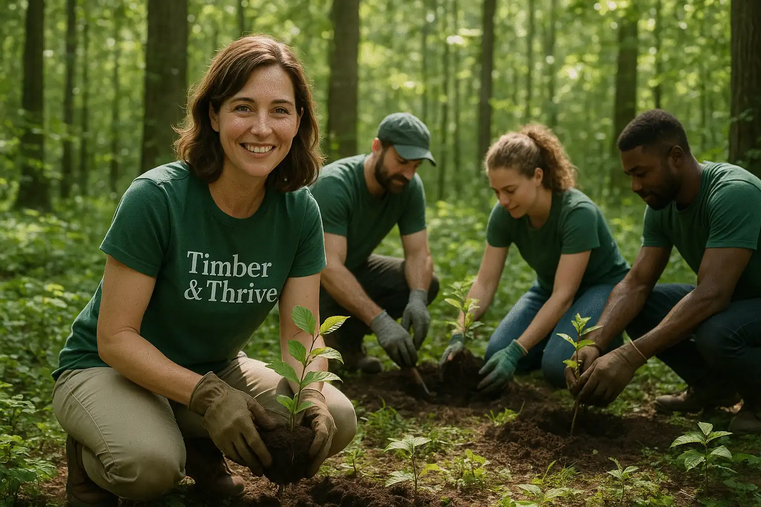 Timber & Thrive founder Celia Greenwood with team members planting trees in a lush forest setting
